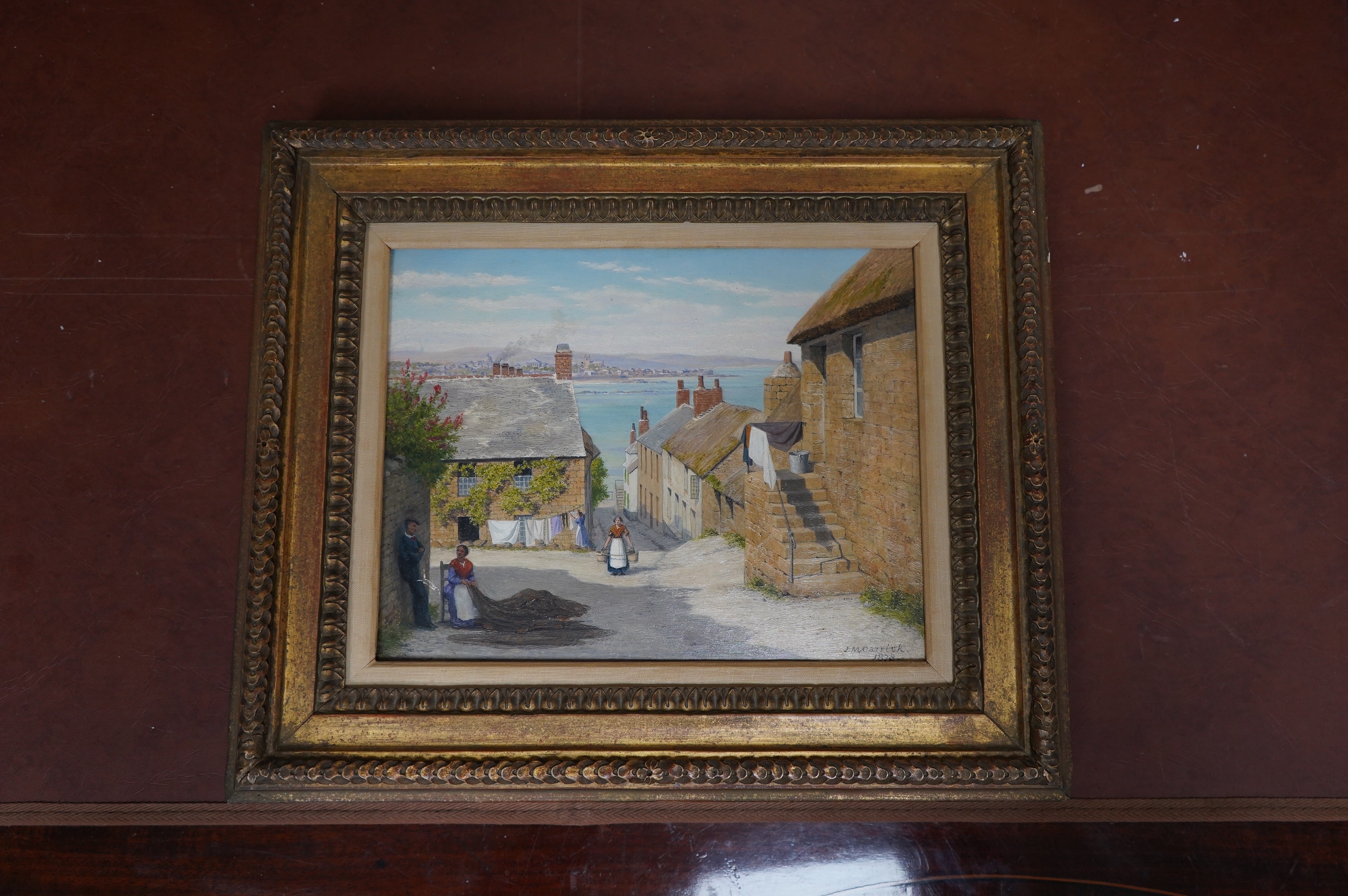 John Mulcaster Carrick (1833-1896), oil on board, Cornish village street scene, signed and dated 1878, 19 x 24.5cm, ornate gilt frame. Condition - good